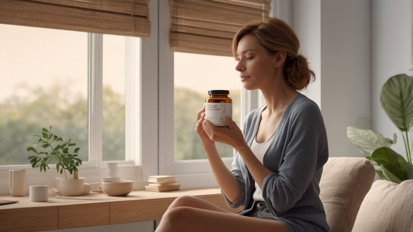 Smiling woman holding an unbranded supplement bottle