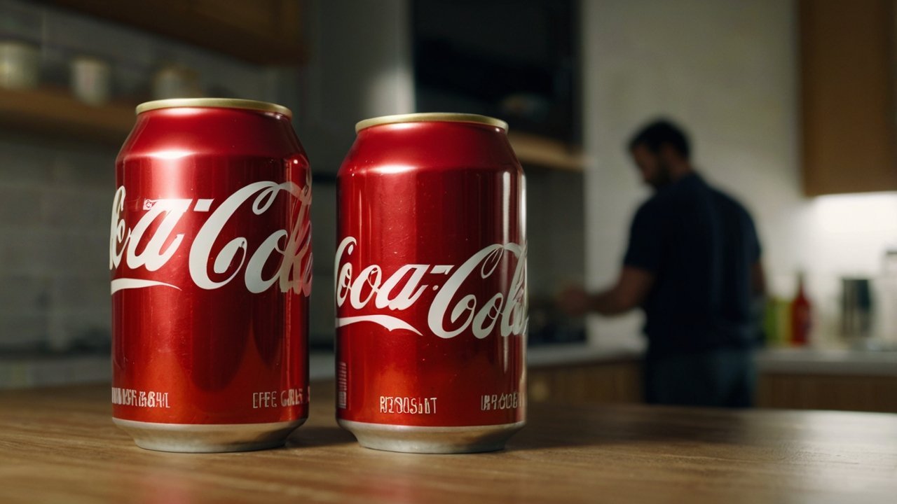 Caffeine Free Coke can with golden label on ice, refreshing soda concept