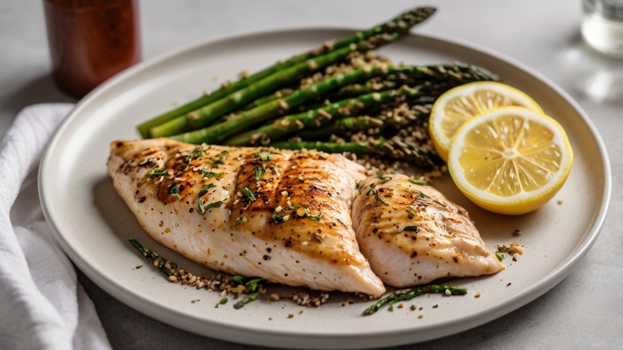 Grilled lemon herb chicken breast with quinoa and vegetables for muscle gain