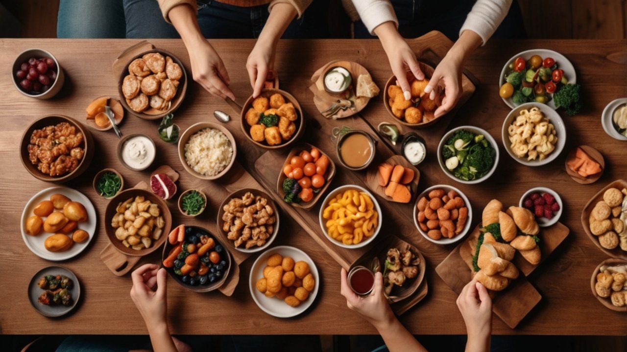 A table full of colorful finger foods with people reaching in during a party.