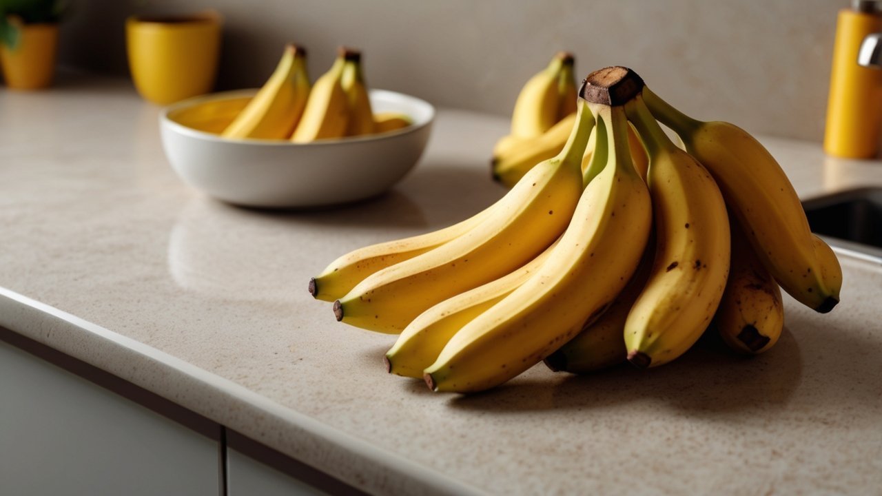 Ripe yellow bananas on a kitchen counter representing banana nutrition benefits