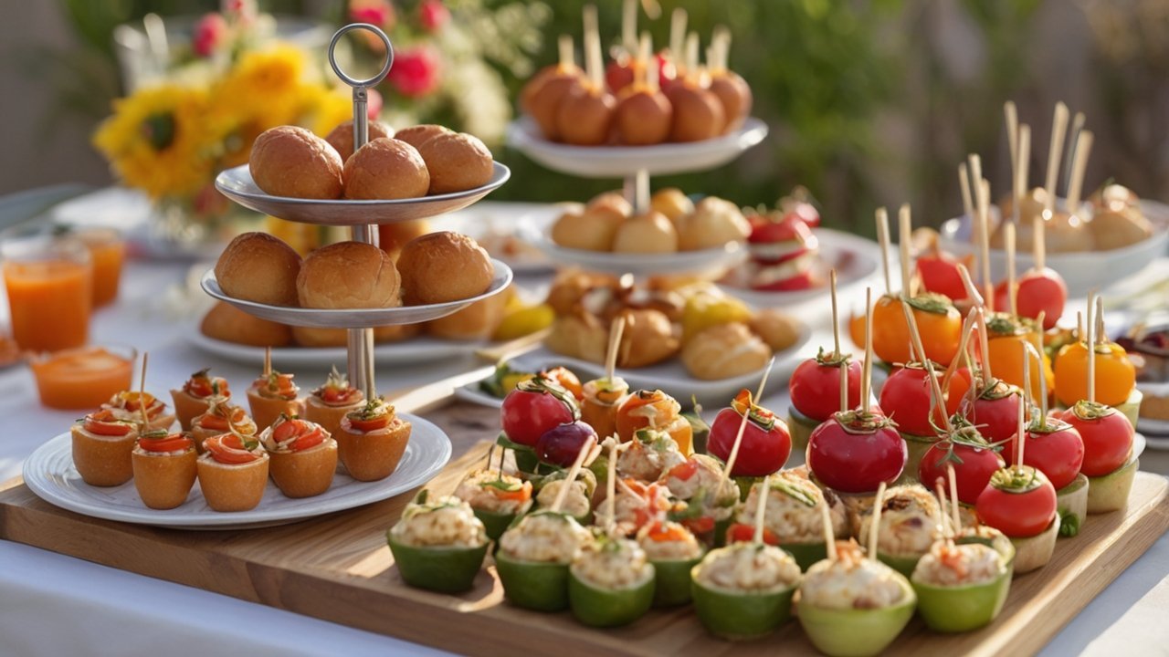 Party-ready finger foods like sliders and skewers served at a festive event.
