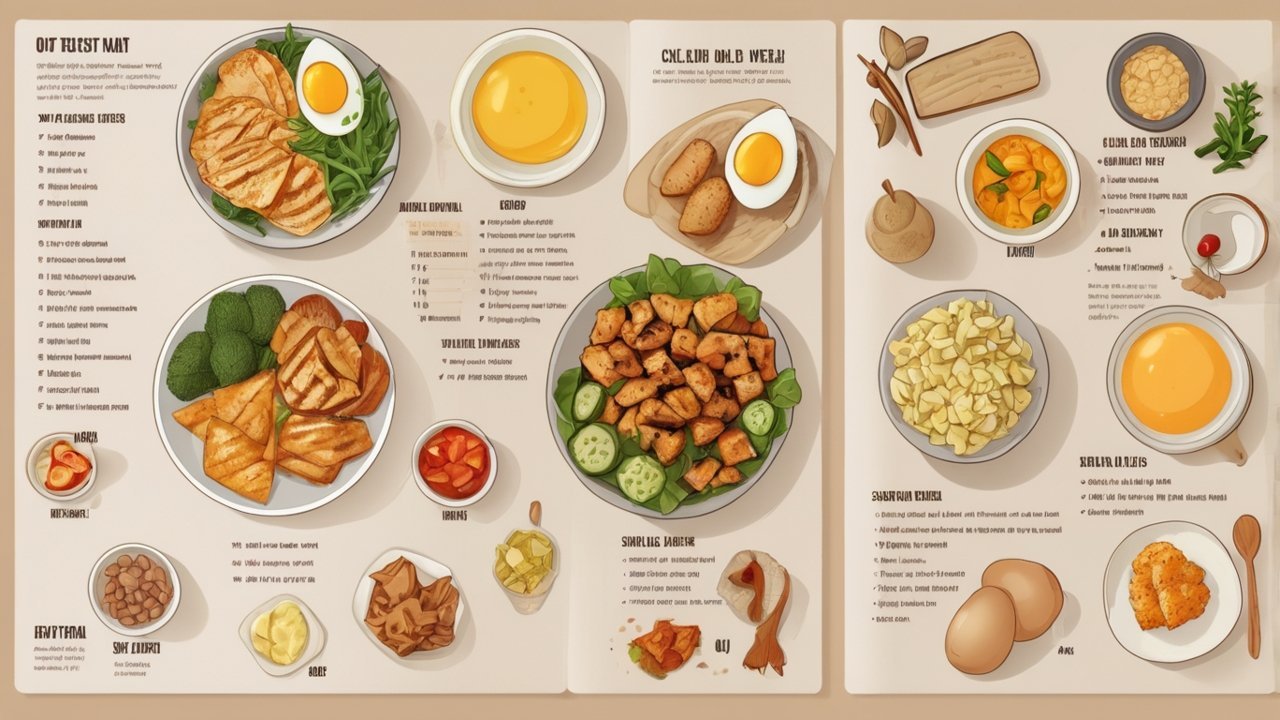Illustrated grocery checklist with proteins and greens