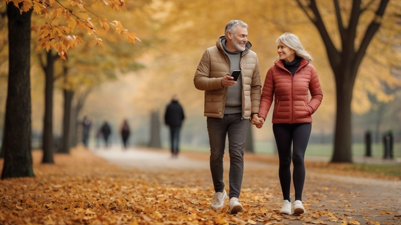 Senior man walking in park with smartwatch on wrist