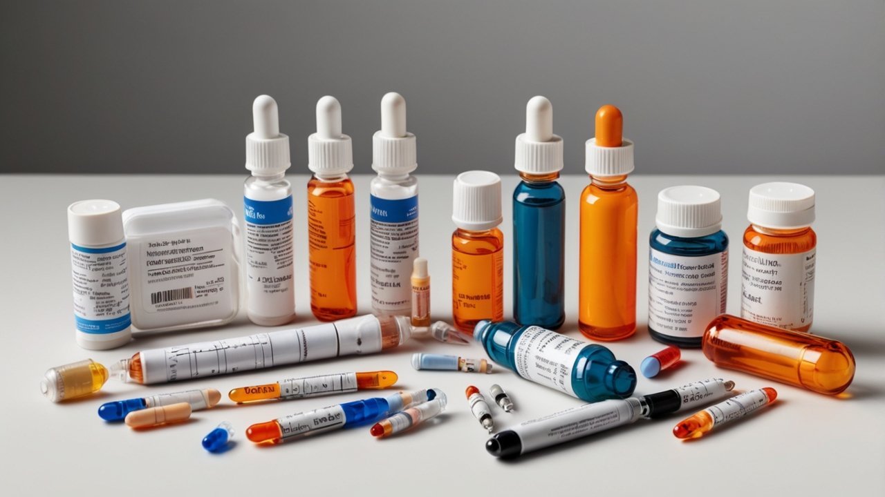 Flat lay of modern diabetes medications including insulin pens and pills