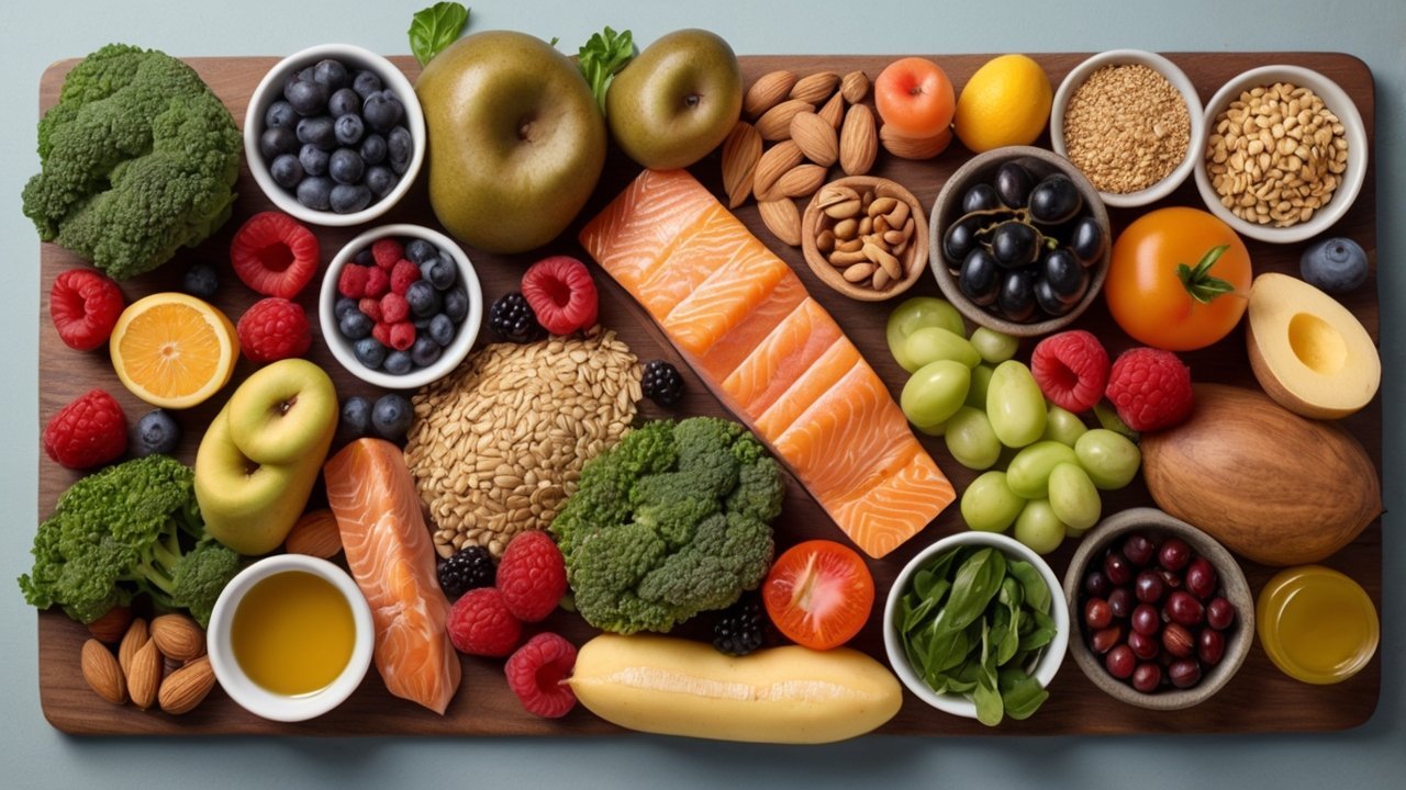 Fresh vegetables, berries, and whole grains arranged on a kitchen counter