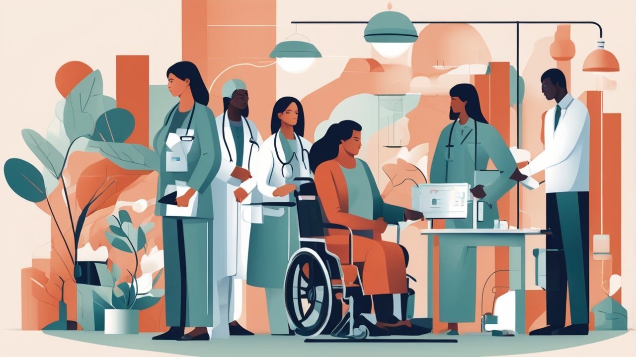 Healthcare workers assisting patients in a busy clinic