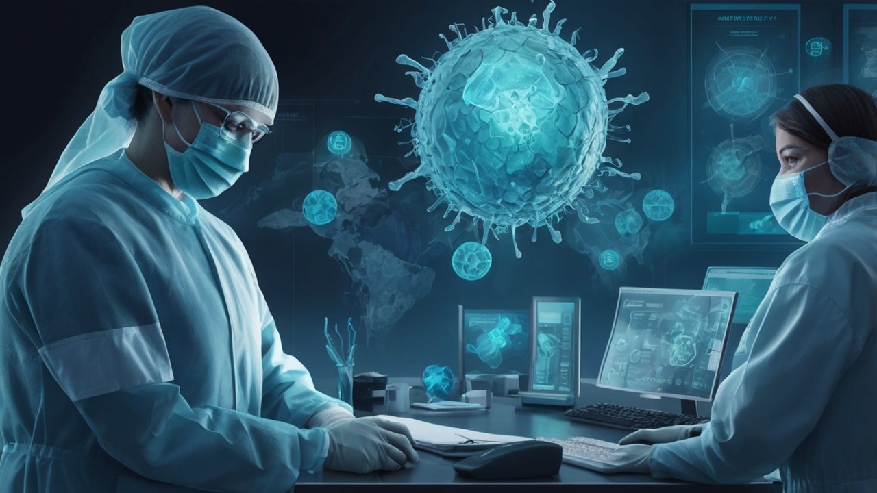 Public health researchers monitoring disease spread on a digital map