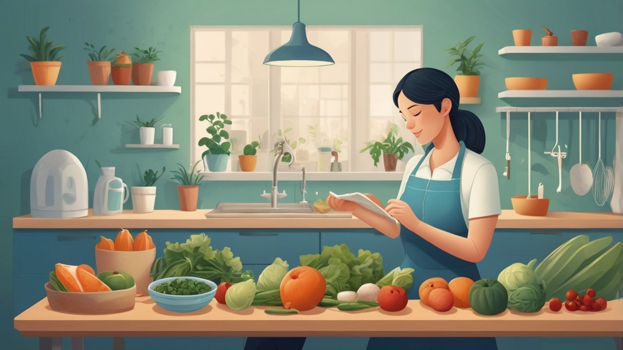 Person planning weekly health habits and meal choices