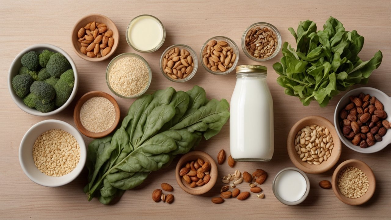 Fresh vegetables, yogurt, and whole grains on wooden table
