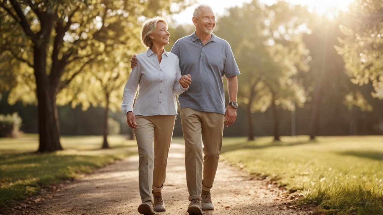 Older adult walking comfortably outdoors
