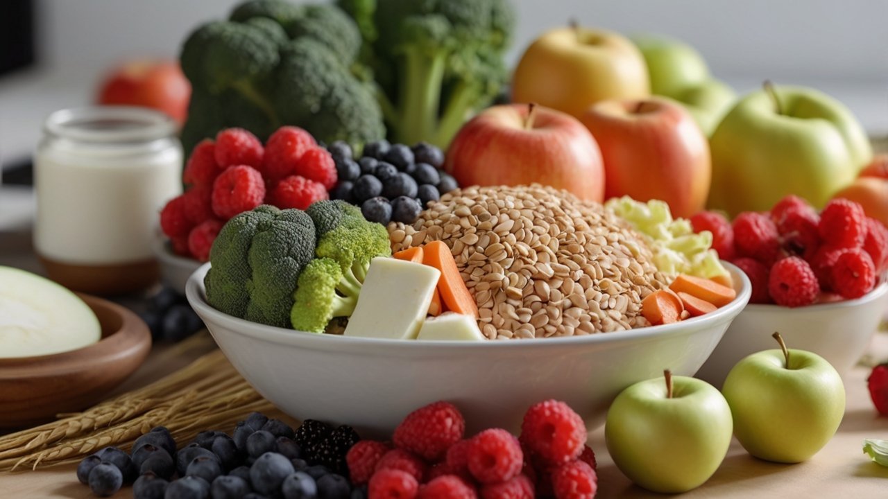 Colorful high-fiber fruits and vegetables arranged on kitchen counter