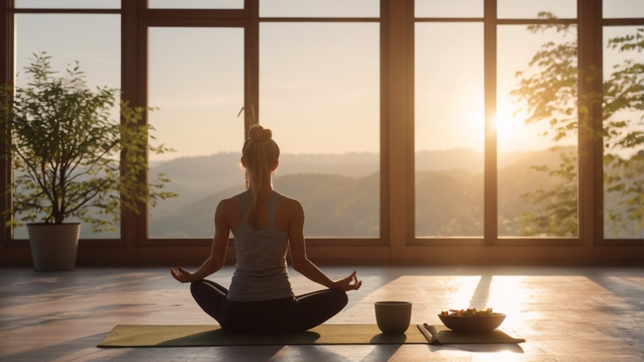 Woman practicing yoga in natural morning sunlight