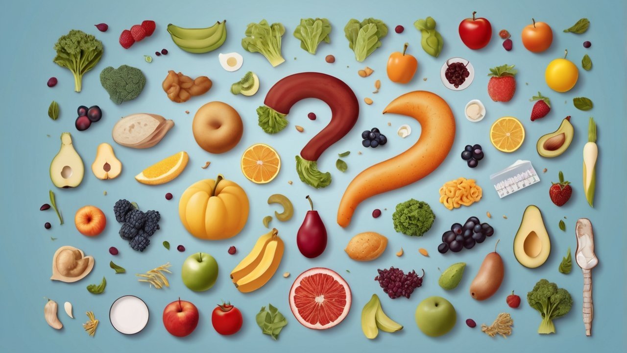 Question mark symbol formed with healthy food items