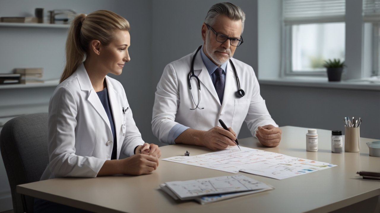 Doctor explains Ozempic side effects to a patient in a modern clinic; generic GLP-1 semaglutide pen visible on the desk.