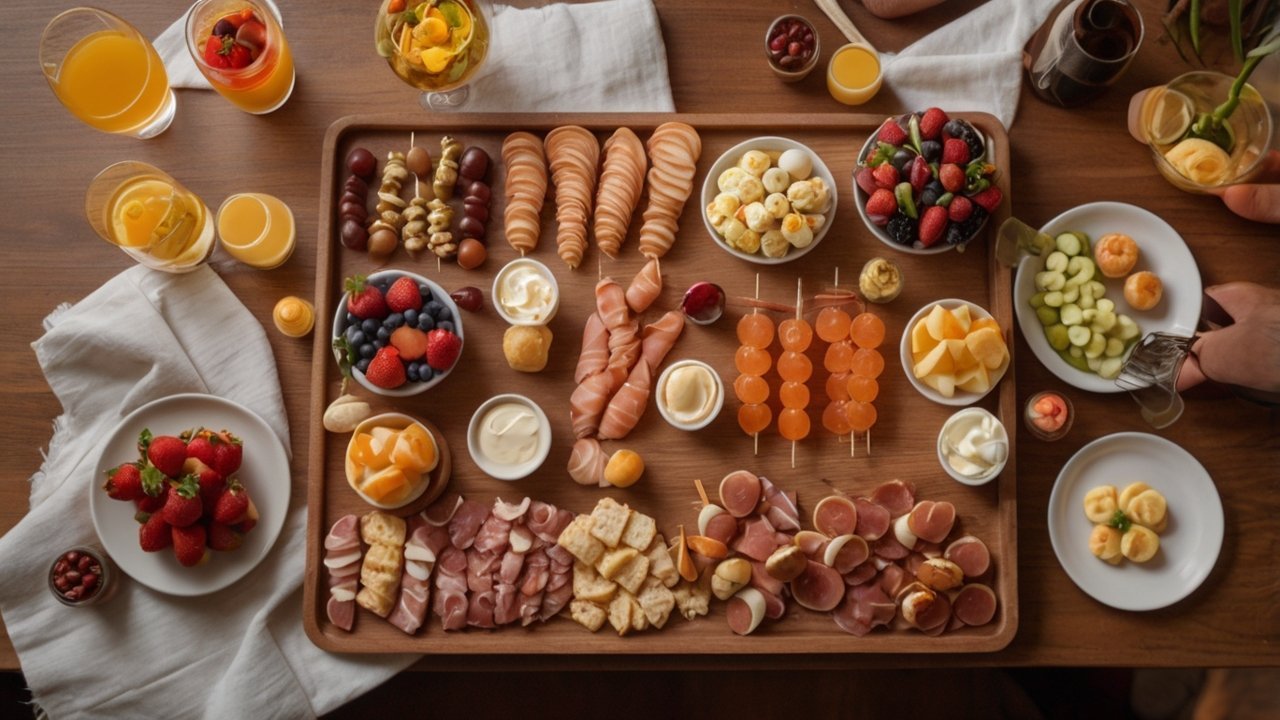 A beautifully arranged party table with a variety of finger foods like sliders, skewers, deviled eggs, and charcuterie cups.