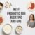 A clean, modern flat lay of probiotic supplements, gut health icons, and a happy woman holding her stomach, symbolizing relief from bloating and gas.