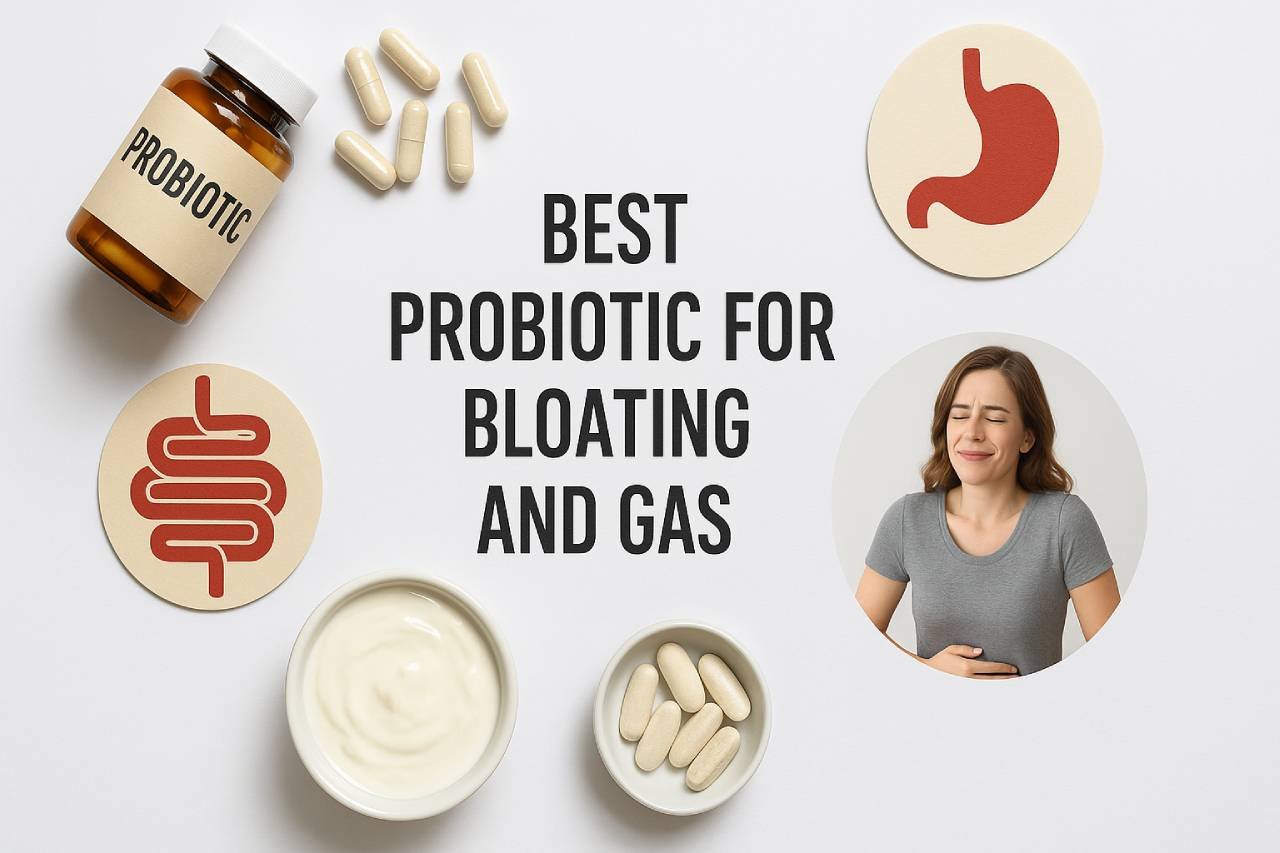 A clean, modern flat lay of probiotic supplements, gut health icons, and a happy woman holding her stomach, symbolizing relief from bloating and gas.