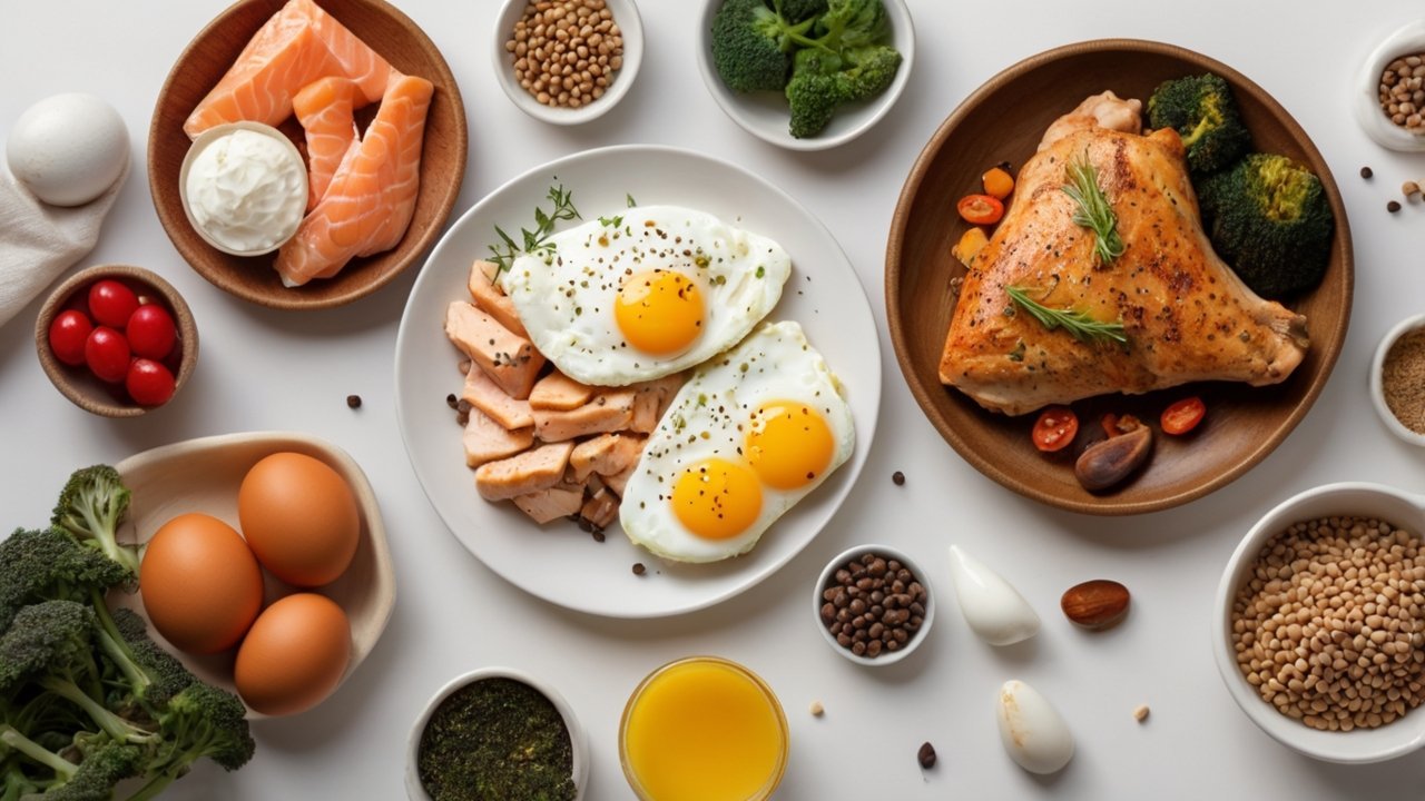 Stack of protein bars and boiled eggs on counter