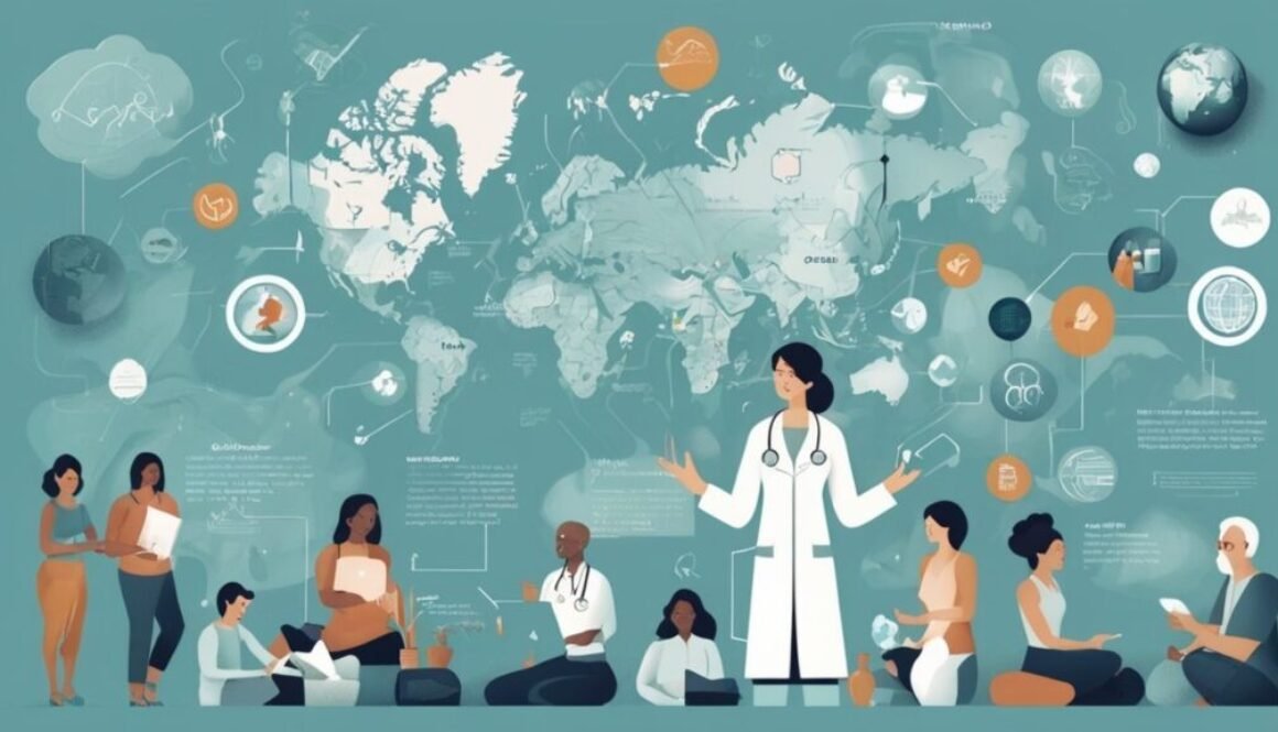 World Health Organization trends illustrated with global health icons and a world map