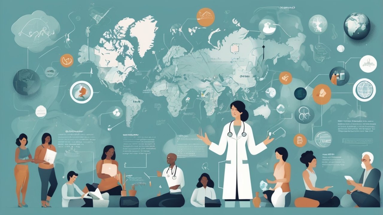 World Health Organization trends illustrated with global health icons and a world map