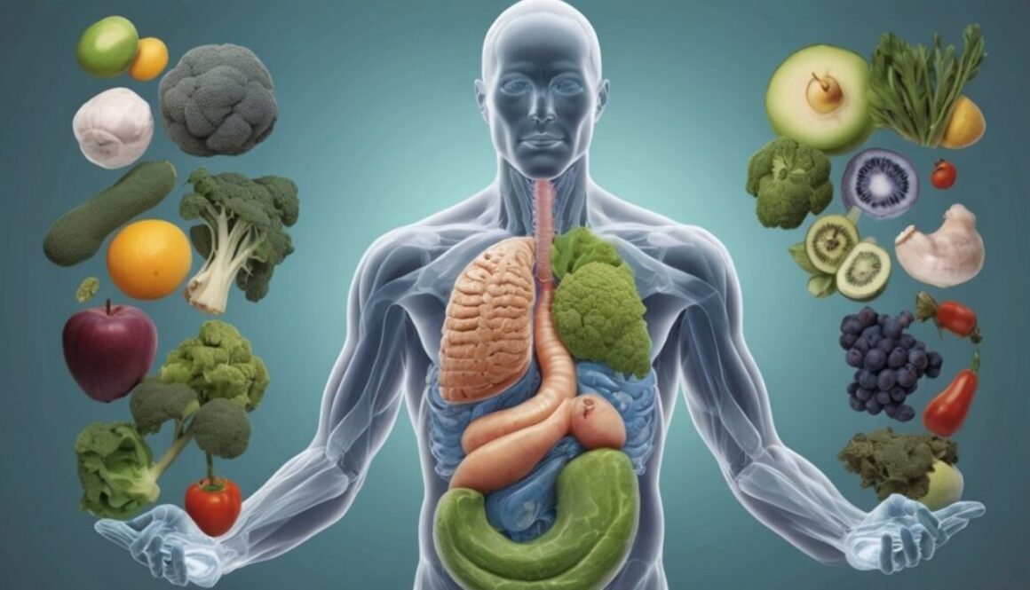 Illustration of the human digestive system with highlighted gut organs