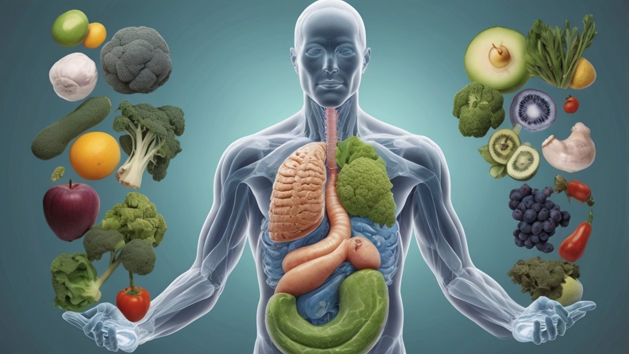 Illustration of the human digestive system with highlighted gut organs