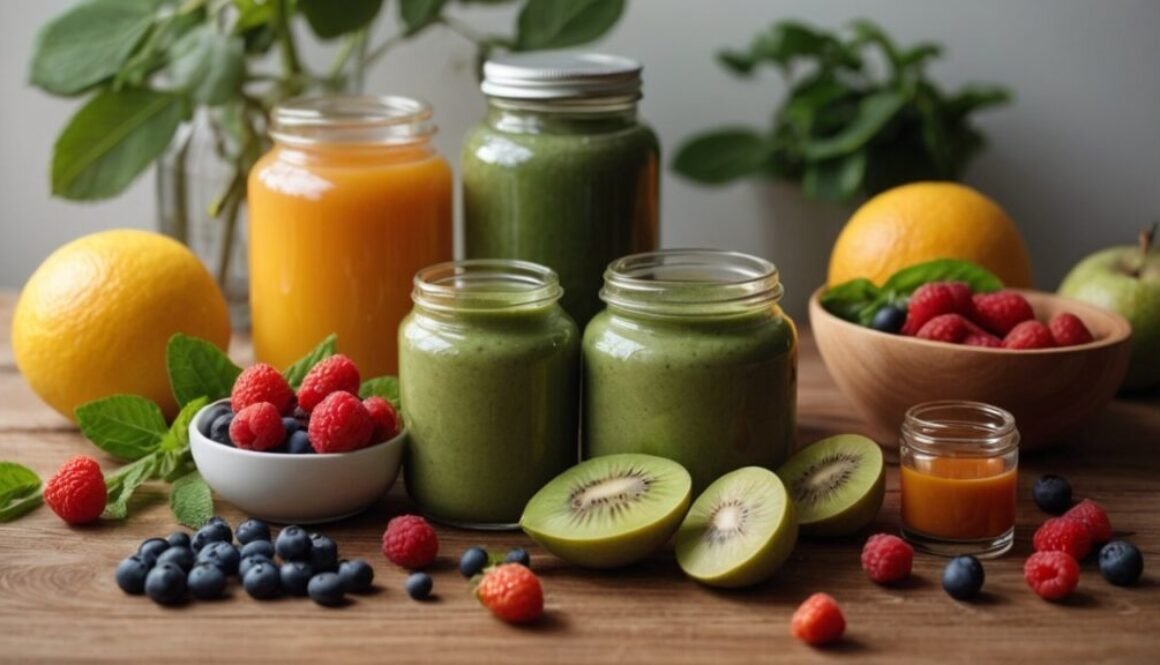 best detox supplements arranged with herbs, capsules, green juice, and fresh fruits on a wooden table