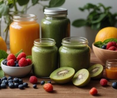 best detox supplements arranged with herbs, capsules, green juice, and fresh fruits on a wooden table