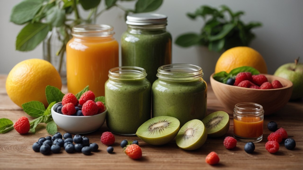 best detox supplements arranged with herbs, capsules, green juice, and fresh fruits on a wooden table