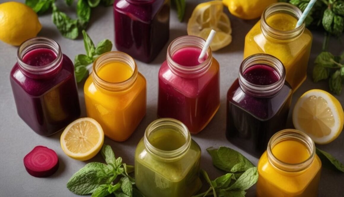 liver detox drinks with natural ingredients like lemon, turmeric, and beetroot in glass jars
