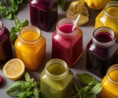 liver detox drinks with natural ingredients like lemon, turmeric, and beetroot in glass jars