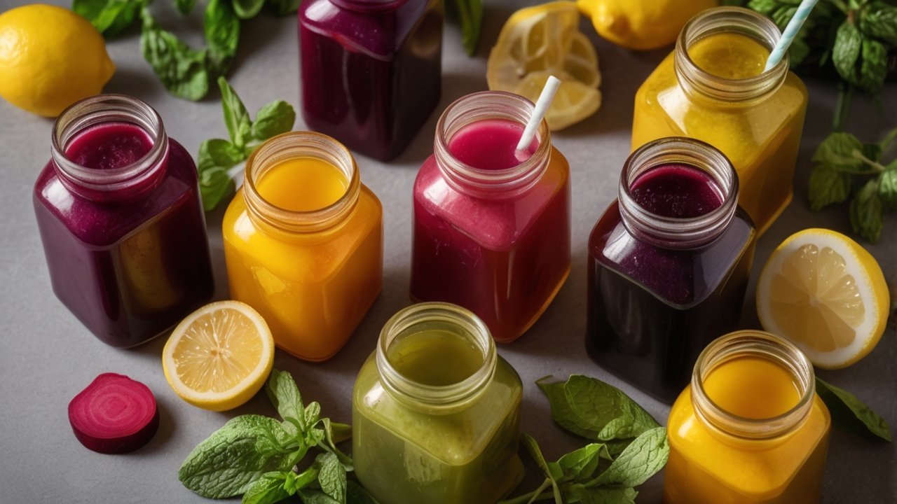 liver detox drinks with natural ingredients like lemon, turmeric, and beetroot in glass jars