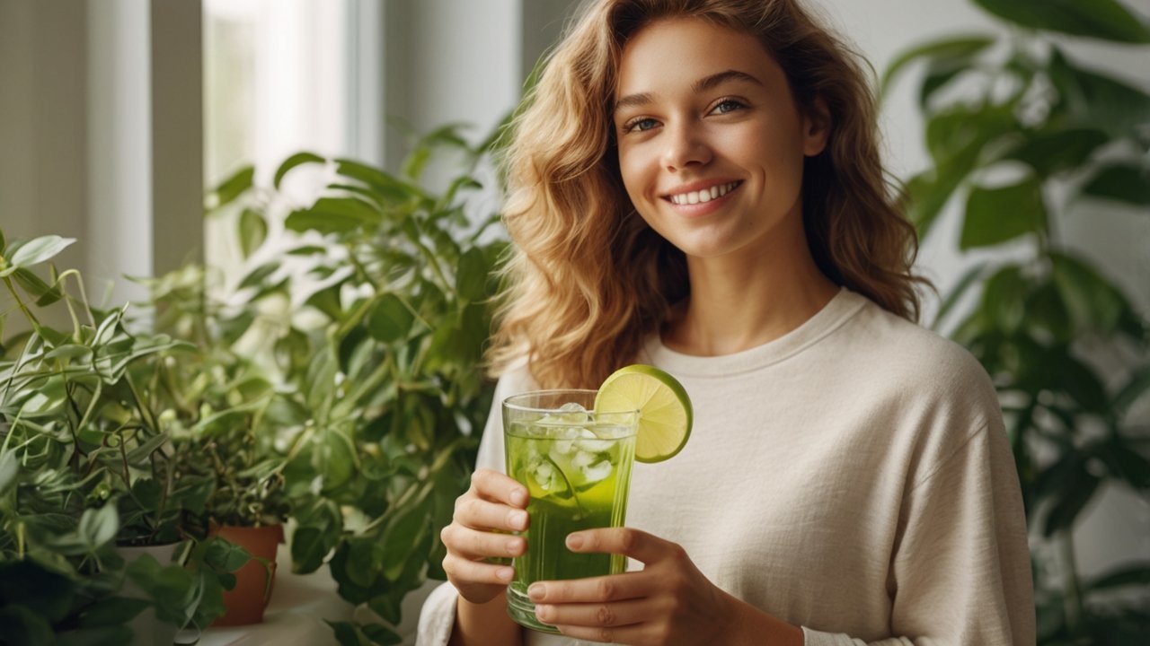 best detox supplements introduction concept with a healthy person holding a detox drink in a bright wellness setting