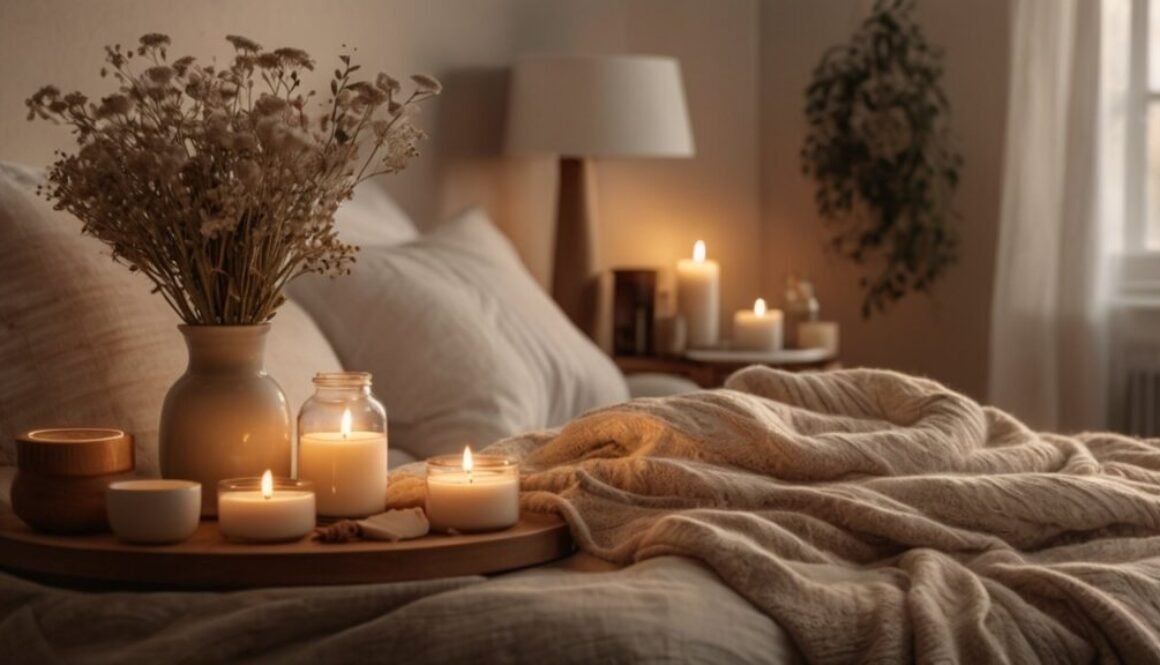 Cozy wellness routine aesthetic with warm lighting, herbal tea, candles, books, blankets, and relaxing self-care atmosphere