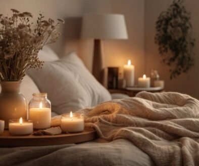 Cozy wellness routine aesthetic with warm lighting, herbal tea, candles, books, blankets, and relaxing self-care atmosphere