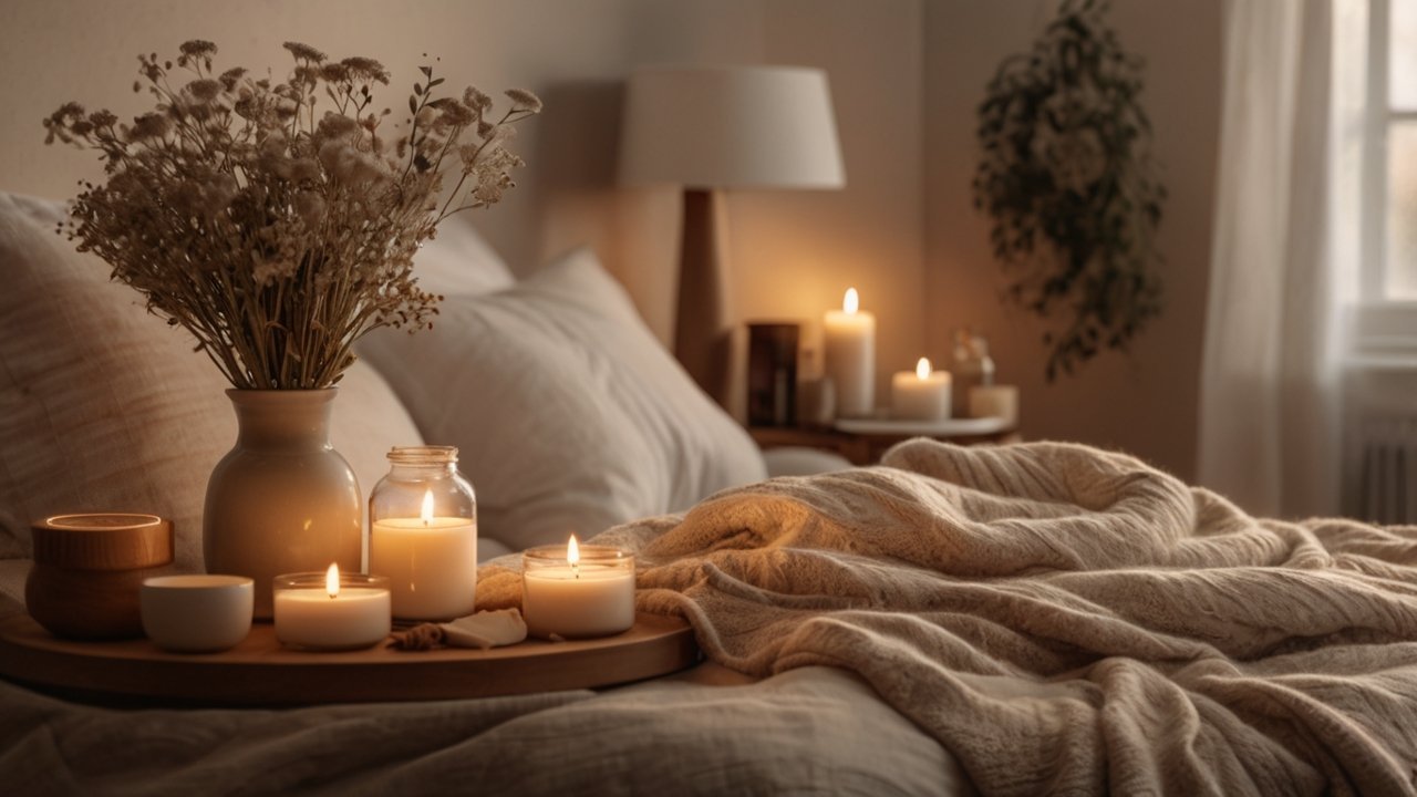 Cozy wellness routine aesthetic with warm lighting, herbal tea, candles, books, blankets, and relaxing self-care atmosphere