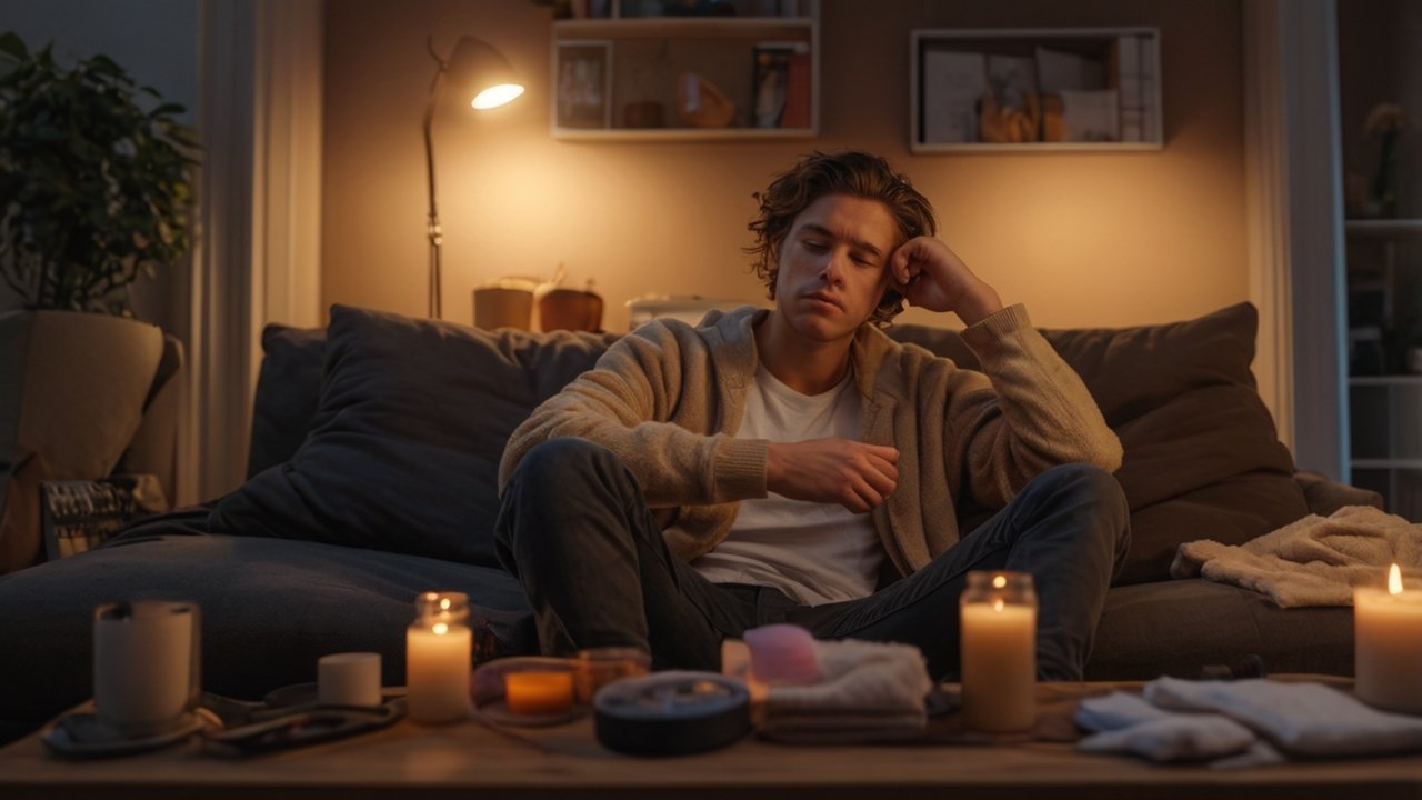 Woman enjoying a cozy wellness routine with herbal tea, candles, and relaxing evening self-care at home