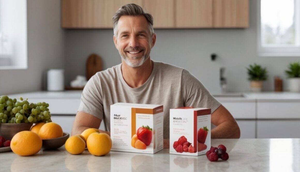 Best probiotic powder for adults displayed with healthy foods and digestive wellness supplements