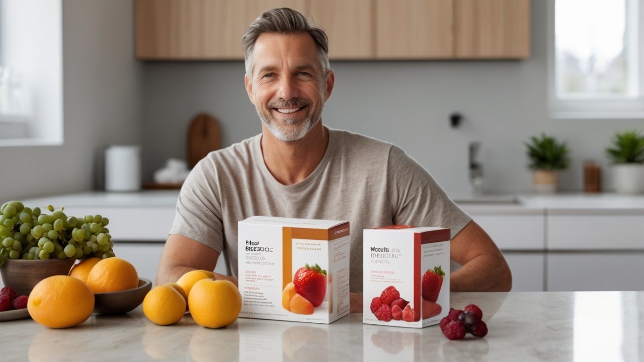 Best probiotic powder for adults displayed with healthy foods and digestive wellness supplements